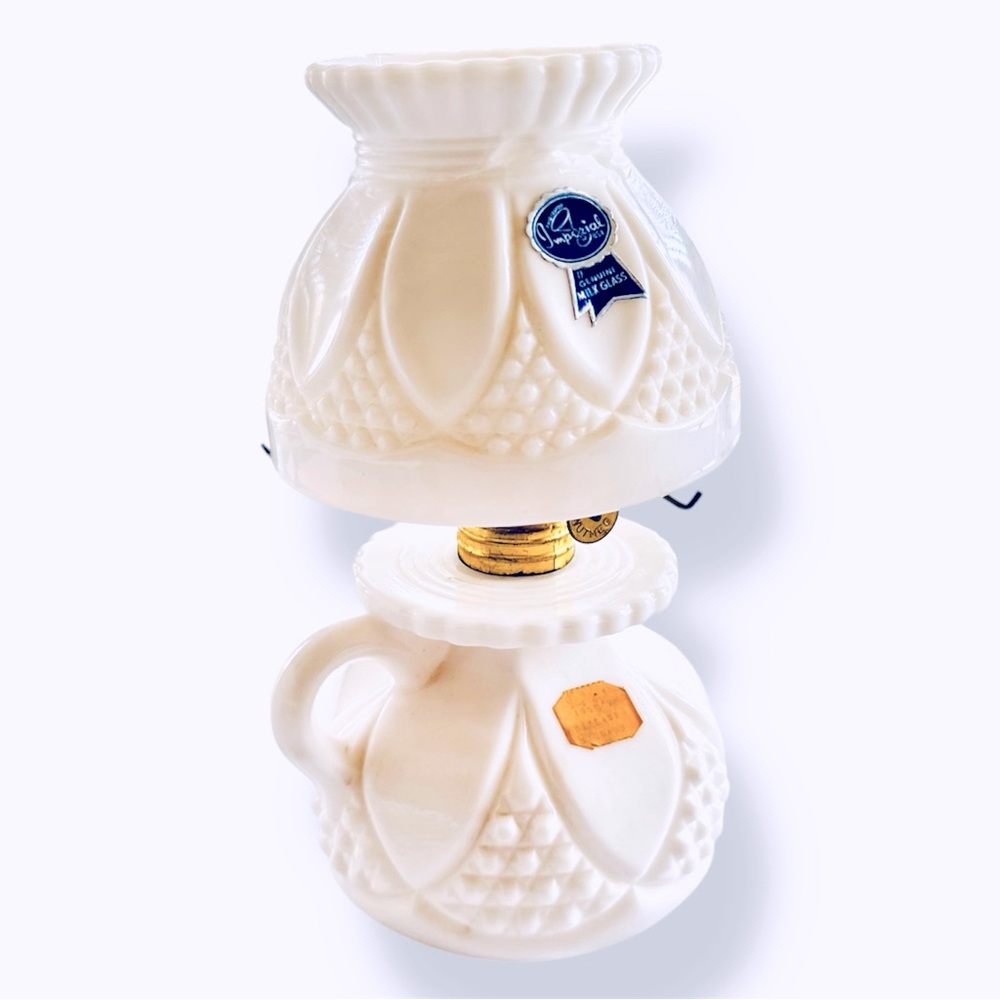 IMPERIAL Vintage Glass Hobnail Tulip & Cane White Milk Glass Mini Oil Lamp